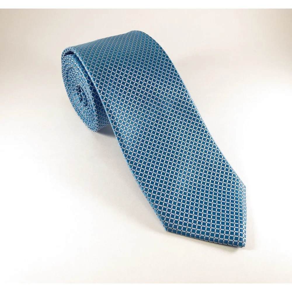 Saddlebred Slim  Silk Blend Tie, Micro Motif Woven Geometric Diamond,  Aqua, XL